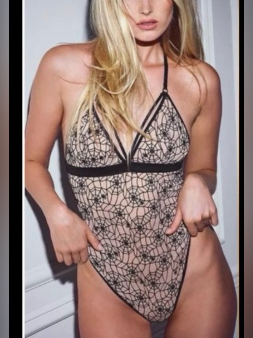 Victoria's Secret flocked spiderweb mesh bodysuit